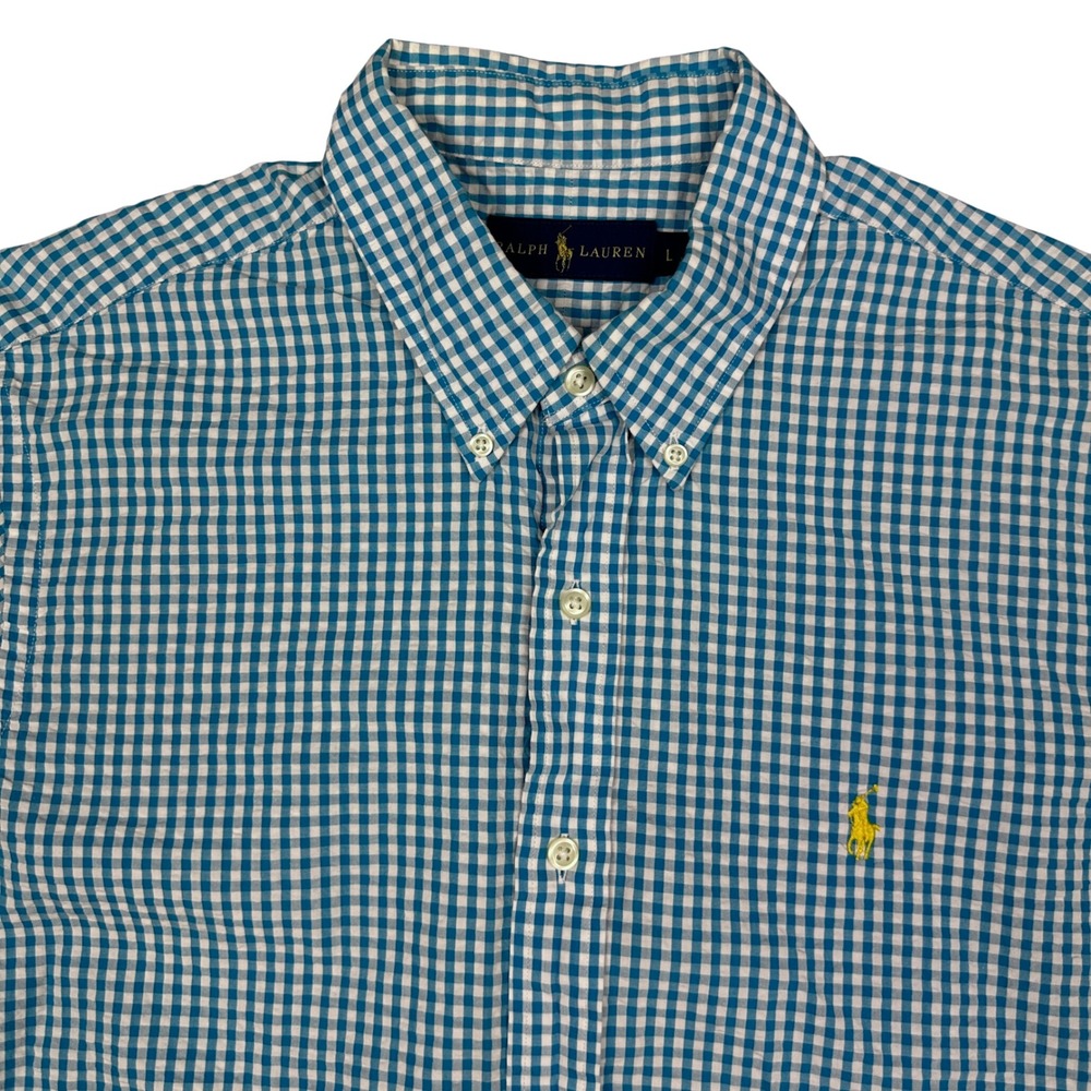 Ralph Lauren Mens Seersucker Shirt Blue White Gingham Short Sleeve Yellow Pony L